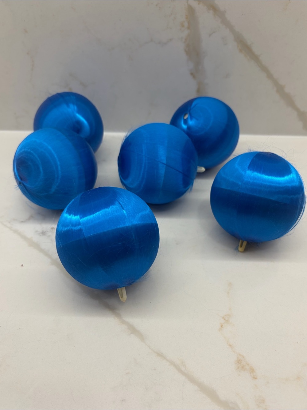 6 Vintage Blue Satin Sateen Thread Christmas Ball Decorative Retro Ornaments